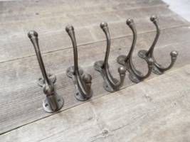 5 IRON COAT HOOKS ANTIQUE STYLE CAST IRON 3 3/4&quot; WALL DOUBLE RESTORATION  - $23.99