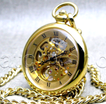 Pocket Watch Gold Mechanical Skeleton See-Through Back 43 MM with Fob Chain P45 - £20.77 GBP