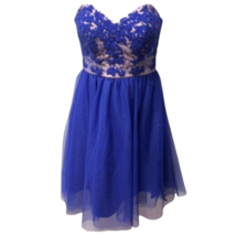 Jump Apparel Womens Fit &amp; Flare Dress Blue Floral Glitter Lace Strapless Zip 3/4 - £21.25 GBP