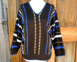 Rainbow Ridge Knit Pullover V-Neck Sweater Vintage 80s Vertical Stripes Large - £23.19 GBP