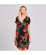 A New Day Black Floral V-neck Short Sleeve Hi-Low Hem Casual Shift Dress... - $10.40