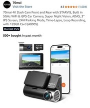70mai 4K Dash Cam A800S Built In GPS ADAS Parking Mo.DVR Car W Inter/Rea... - $138.62 CAD