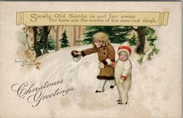 Christmas Children Snow Santa Not Far Away by Lyman Powell 1916 Postcard W15 - $11.95