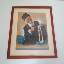Vintage Art Pastel Portrait Drawing Old Man Pearls Rabbi Jewish Framed Matted - £56.61 GBP
