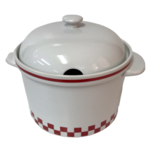Ceramic Bean Or Soup Pot By B I Inc White With Red Checks Lid With Spoon Access - £20.90 GBP