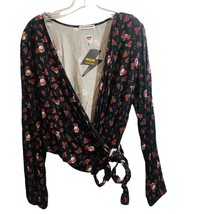 Rock By Junk Food Long Sleeve Women&#39;s Blouse Black w Red Roses sz Large - £15.68 GBP