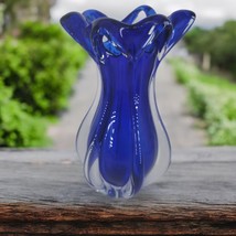 Pooled Art Glass Vase Cobalt Blue &amp; Clear Ribbed Hand Made in Czech Repu... - $90.94