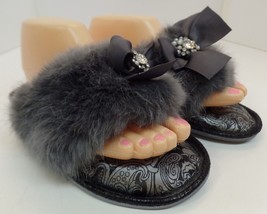 Pretty You London Gray Faux Fur, Bling &amp; Ribbon Slip on House Slippers New S 8-9 - £29.72 GBP