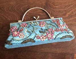 Cute Small Beaded Clutch Fornal Party Handbag vintage looking blue  - $29.95