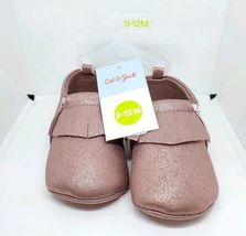 Cat & Jack Baby Girls 9-12 Month Faux Leather Fringe Moccasin Shoes Gold/Pink image 2