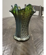 Fenton Diamond Point Columns Pattern Carnival Glass Swung Vase Green Vin... - $928.31 MXN