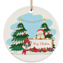 Merry Christmas Cute Baby Husky Dog &amp; Santa Ornament Gift Pine Tree Home Decor - £11.69 GBP