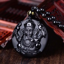 Ganesh Manta Natural Stone Black Obsidian Crystal Wealth Powerful Amulet Pendant - £20.53 GBP