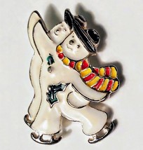 Skating Snowmen Christmas Holiday Brooch Pin Vintage Item 1 1/2&quot; Silvertone - £7.95 GBP