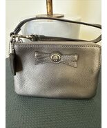 COACH Corner Zip Leather Wristlet Handbag Small Metallic Silver Bow 6”x 4” - $49.45