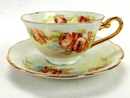 Porcelain Tea Cup &amp; Saucer Set, Rose Blooms,  Scalloped, Gilding, Vintage, TCP08 - £15.62 GBP