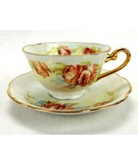 Porcelain Tea Cup &amp; Saucer Set, Rose Blooms,  Scalloped, Gilding, Vintag... - $26.72 CAD