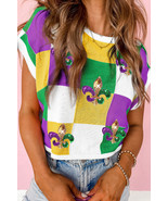 Tillandsia Purple Sequin Mardi Gras Fleur de Lis Color Block Sweater T S... - $29.09 CAD