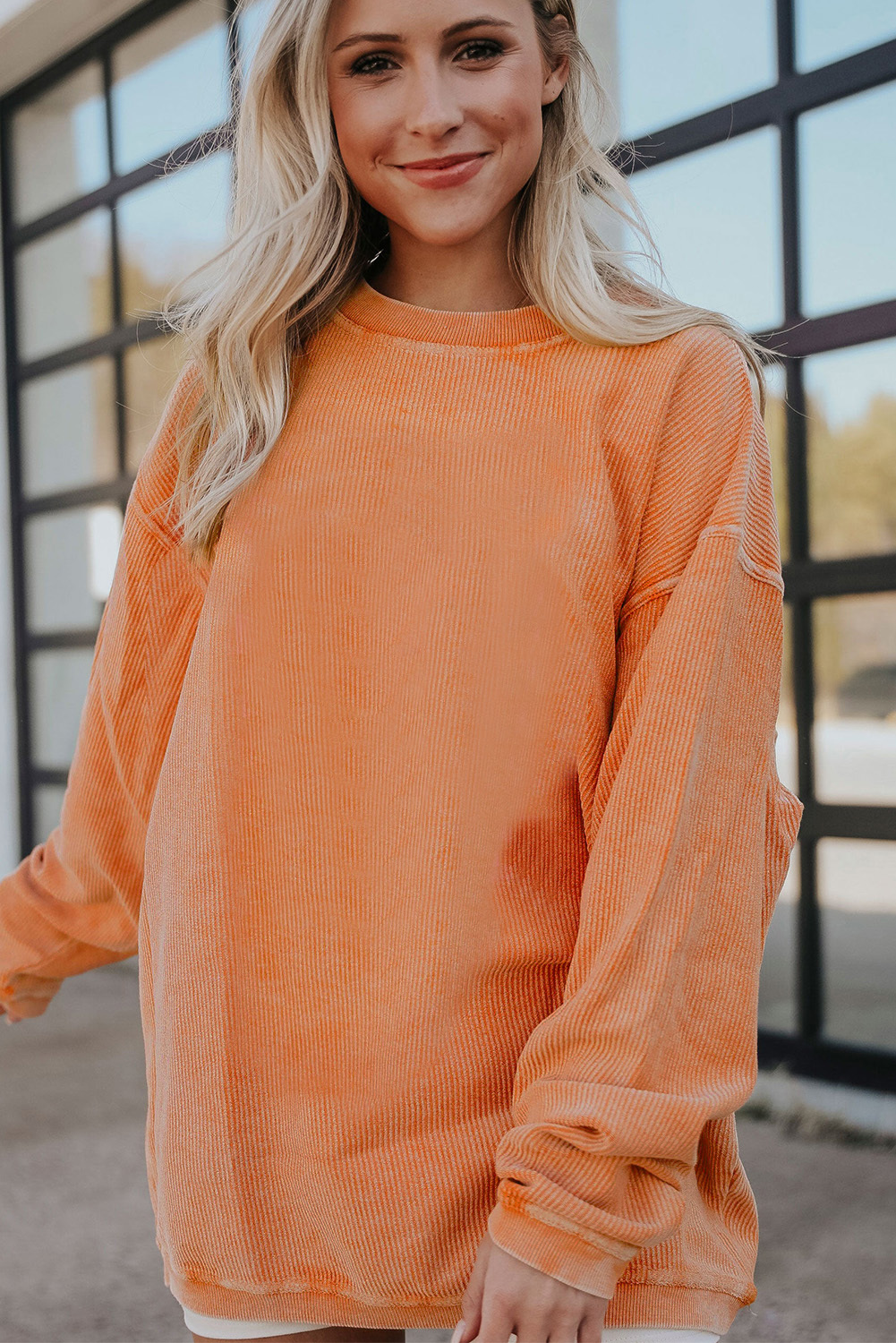 Orange Plain Drop Sleeve Crinkle Rib Oversized Sweatshirt - $23.31