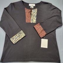 Susan Bristol Women Shirt Size M Black Tan Leopard Cottage Core 3/4 Sleeve Top - £14.97 GBP