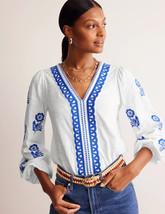 NWT Boden Embroidered V-Neck Top Blouse Boho White Kingfisher Blue US 8/... - £51.79 GBP