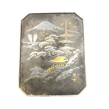 Vintage Japan Gold Plate and Silver tone Pagodas Mountains and birds Pin Brooch - £25.87 GBP