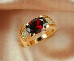 2Ct Oval Cut Lab Created Red Garnet Men&#39;s Band Pinky Ring 14K Yellow Gold Plated - £118.06 GBP