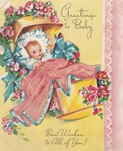 Vintage Baby Card Baby in Cradle with Flowers Die Cut 1950&#39;s - £5.44 GBP