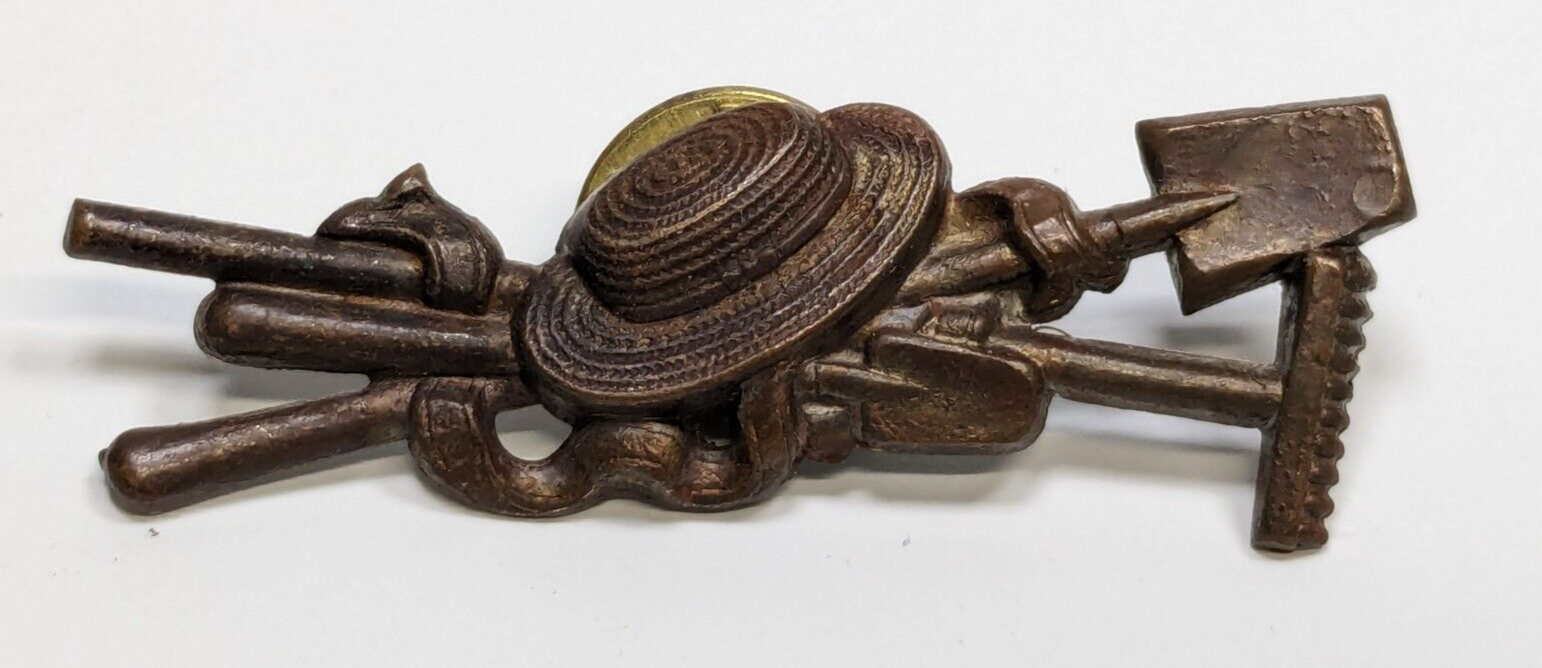 Vintage Brown Gardener&#39;s Brooch Lapel Hat Pin with Hat Shovels &amp; Rake - $9.89
