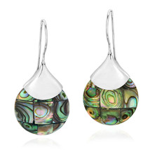 Chic Rounded Teardrops of Mosaic Abalone Shell Sterling Silver Dangle Earrings - £16.60 GBP