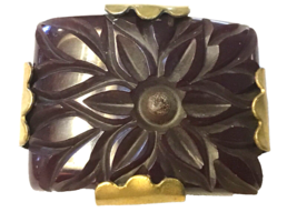 Carved BAKELITE Pin 1930s-40s Art Deco Jewelry Vintage 1  5/8”  Brass Fr... - $47.99