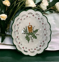 Reticulated Portugal Hand Painted Ceramic Bowl Candle Holly Leaves Chris... - £33.23 GBP