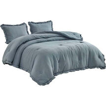Oversized Queen Blue Stone Washed Ruffled Microfiber Comforter Set - $154.64 CAD