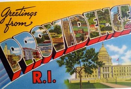 Greetings From Providence Rhode Island Large Big Letter Postcard Linen Unused RI - £5.19 GBP