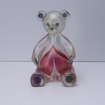 1992 Stuart Agelman Studio Art Glass Teddy Bear Crowberry Iridescent Signed - $136.99