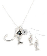 Fish Bone Fishing Hook Skeleton Necklace &amp; Earrings Set Rhinestone Bling... - $16.82