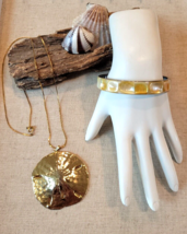 Real Sand Dollar Necklace Gold Plated  &amp; Shell Bangle Bracelet 2 Piece Lot - £30.79 GBP