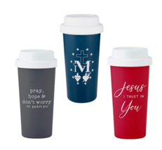 3 pk Coffee Travel Mug Set: Miraculous Medal, Jesus I Trust in You &amp; Pra... - £15.95 GBP