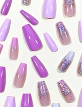 Beautiful 24pcs Purple Glitter Press on Reuseable Coffin Shaped Med Length Nails - £14.18 GBP