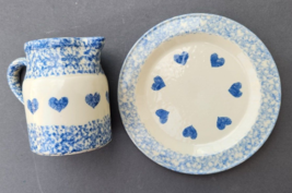 Friendship Pottery Roseville Ohio Blue Spongeware Heart Pitcher Unmarked Plate - £26.57 GBP