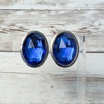 Vintage Clip On Earrings Large Faceted Blue - Tarnished - £9.43 GBP
