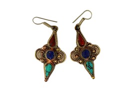 Tibetan Vintage Earrings, Tribal Ethnic Drop Earrings with Stones - £14.38 GBP