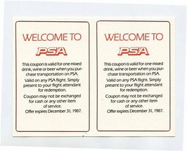 Welcome to PSA Pair of Free Drink Coupons Expired in 1987 Pacific Southwest  - £14.12 GBP