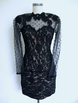 Vtg 80s Black Lace &amp; Point d&#39;Esprit Tulle Wiggle Cocktail Dress XXS Caveli Sexy - £97.77 GBP