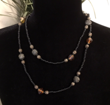 Boho Style Station Necklace Glass &amp; Metal Beads  Dark Colors Faux Amber Accents - £11.99 GBP