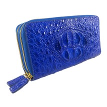 Women&#39;s Alligator Long Wallet Blue Leather Double Zip Style 8 in Long Wrist Stra - £95.70 GBP