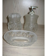 Vanity 3 Piece Set Clear &amp; Frosted Satin Glass Rose Designs  - £7.95 GBP