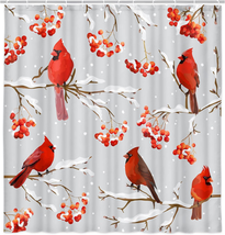 Christmas Cardinal Fabric Shower Curtain, Red Bird Cardinal on Branch with Berri - £26.93 GBP