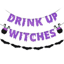 Purple Glitter Drink Up Witches Banner And Bats Halloween Banner, Halloween Witc - £23.63 GBP