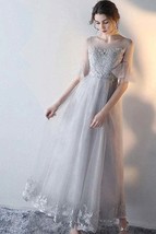 Elegant Gray Tulle A-Line Short Sleeves Lace Prom Dresses Evening Dress - £124.91 GBP